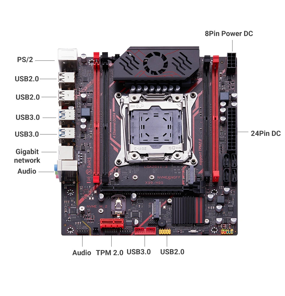Qiyida X99 motherboard kit LGA2011 3 Xeon E5 2680 V4 2*8GB 16GB DDR4 3200Mhz 4 channels NVME USB3.0 SATA3.0 TPM 2.0 Interface