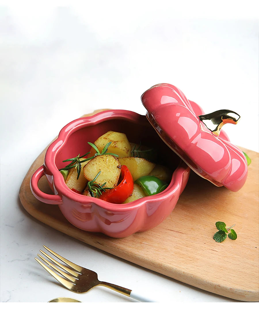 Pumpkin Shape Bowl With Lid Ceramic Soup Salad Cereal Bowl Bakeware Oven Baking Pan Kitchen Halloween Party Festival Decoration