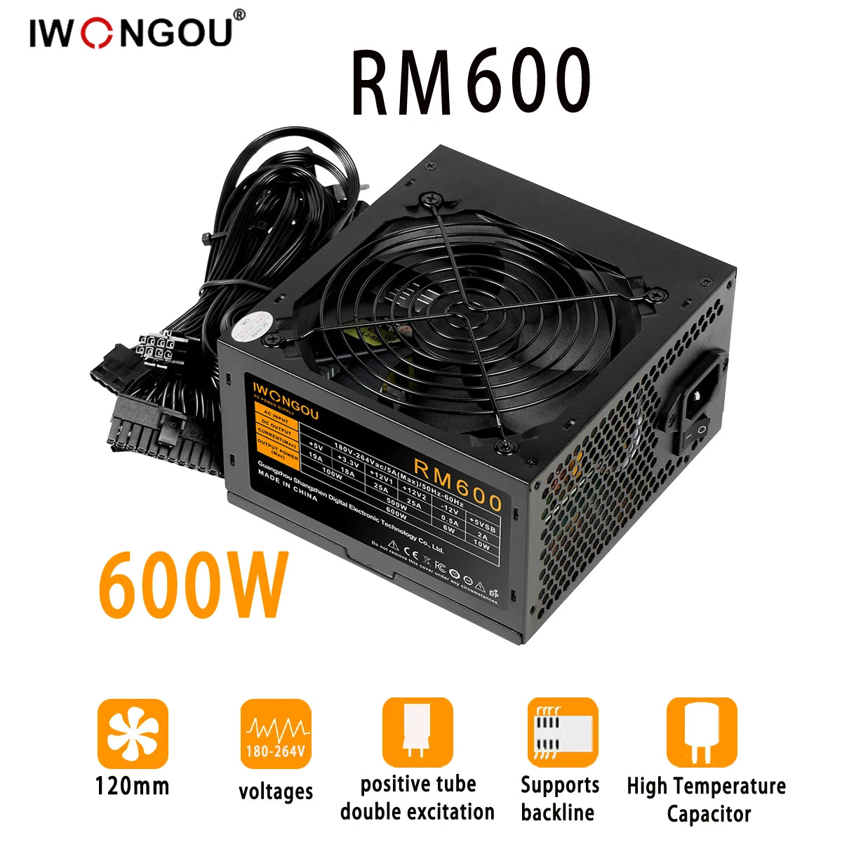 IWONGOU PC Power Supply Unit 500W 600W 750W Black Gaming Quiet 120MM 24pin 12V ATX Desktop Computer Power Supply for BTC