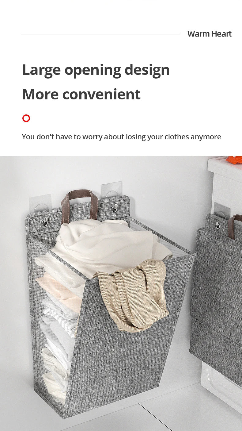 1pc Foldable Adhesive Laundry Basket Hamper, Multifunctional Punch Free Wall Hanging Washing Clothes Mesh Hook Organizer