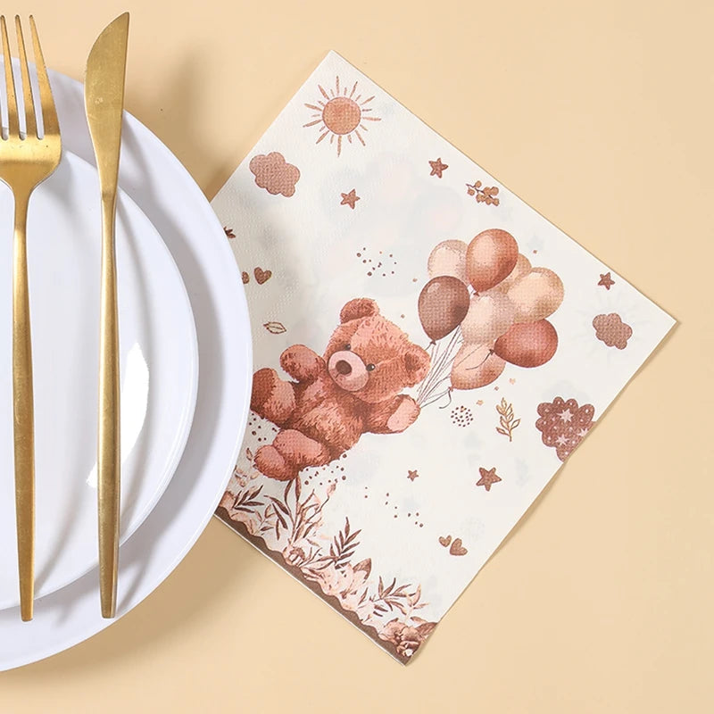 20/24pcs Disposable Tableware Brown Teddy Bear Balloon Paper Napkin Happy Birthday Party Decor Kid Boy Girl Baby Shower Supplies