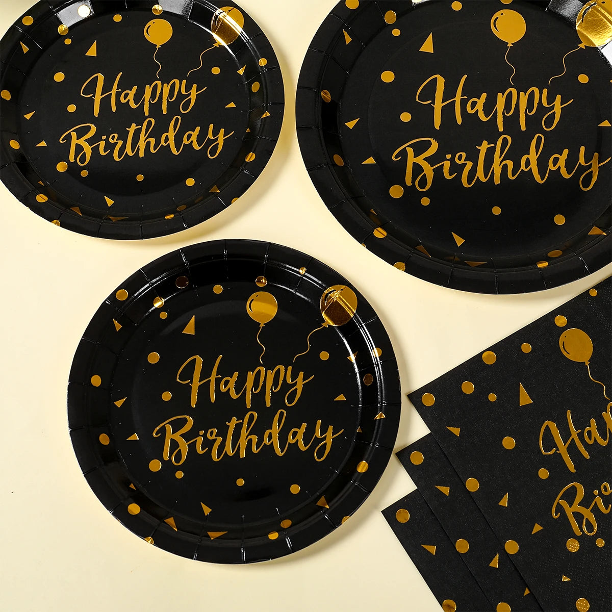Happy Birthday Black Gold Disposable Tableware Birthday Party Decoration Adult Birthday Anniversary Supplies Paper Plate Napkins