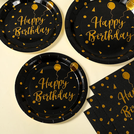 Happy Birthday Black Gold Disposable Tableware Birthday Party Decoration Adult Birthday Anniversary Supplies Paper Plate Napkins