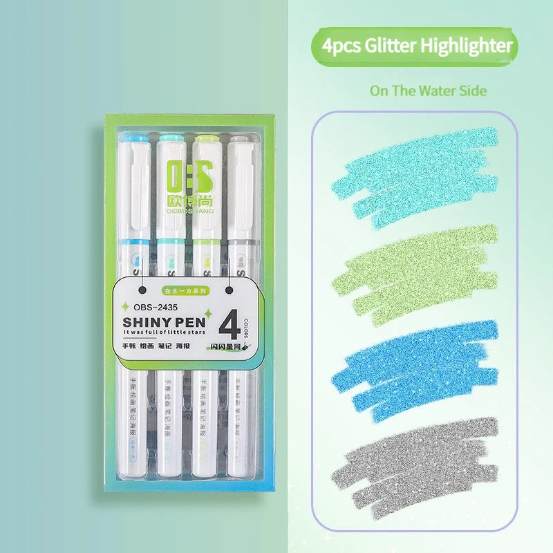 4 Colors/box Kawaii Glitter Highlighter Pen Pastel Fine Pastel Highlighter Marker Scrapbook Painted Stationery School Supplies