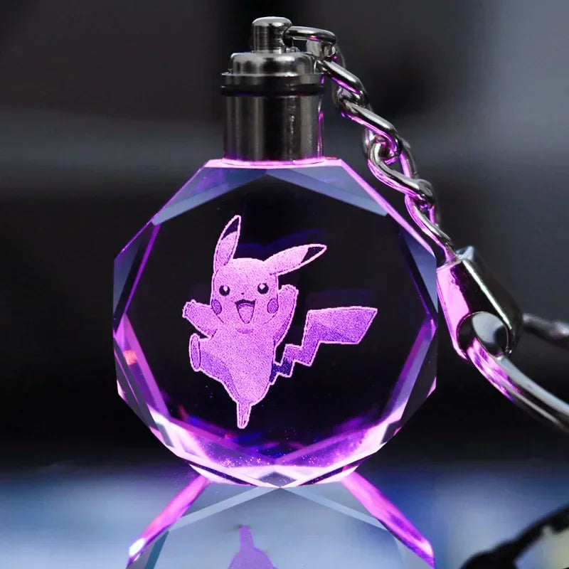Pokemon Pikachu 3D Luminous Keychain Charizard Mewtwo Figures Toy Crystal Doll Night Light Metal Pendant Kid Birthday Gift