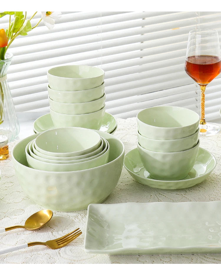 Household Solid Ceramic Rice Bowls 4.5 inch New Soup Tableware Cream Style Green Creative Underglaze Colour Instant Noodles Bowl