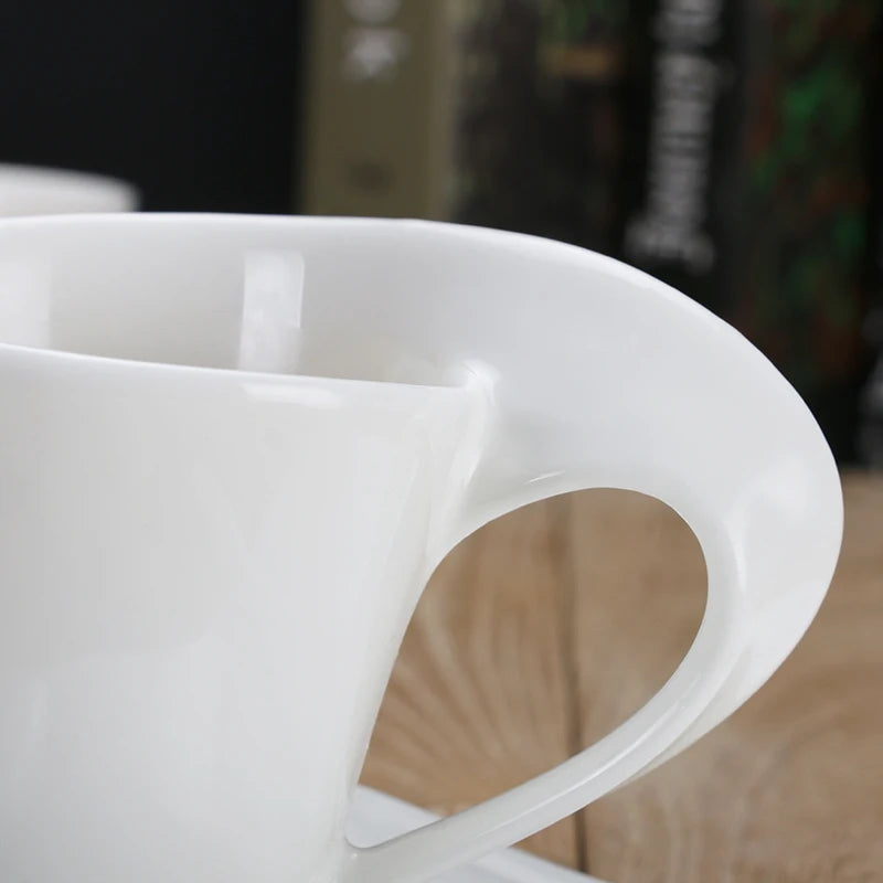 European Wave Porcelain Coffee Cup and Saucer Set White Ceramic Coffee Cup Breakfast Cup with Saucer Modern Home Decoration