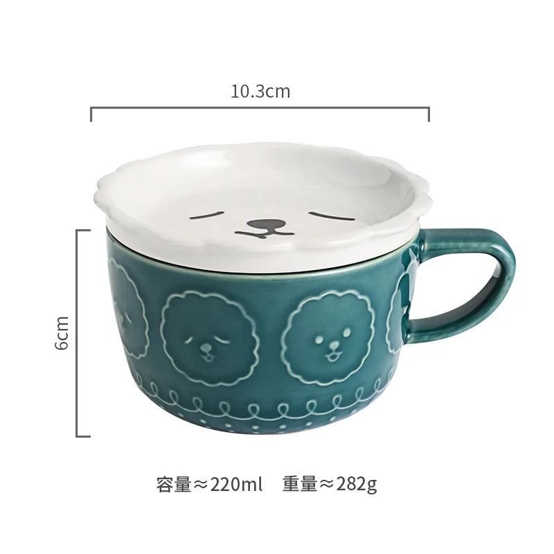 Japanese Ceramic Cartoon Animal Mug Cute Home Breakfast Mug Office Coffee Mug Couple Water Cup With Lid