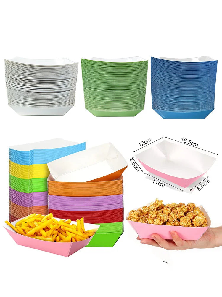 6/12/24 Solid Color Paper Food Trays Disposable Food Boat Black White Blue Yellow Popcorn Box Baby Showe Birthday Party Supplies