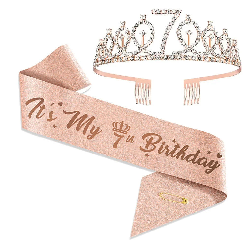 3 4 5 6 7 8 9 Rhinestone Crystal Crown Tiara Birthday Anniversary Decoration Happy Birthday Satin Sash Party Supplies
