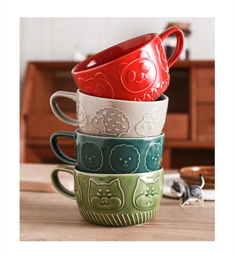 Japanese Ceramic Cartoon Animal Mug Cute Home Breakfast Mug Office Coffee Mug Couple Water Cup With Lid