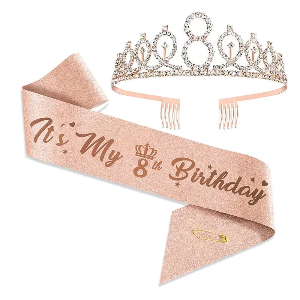 3 4 5 6 7 8 9 Rhinestone Crystal Crown Tiara Birthday Anniversary Decoration Happy Birthday Satin Sash Party Supplies