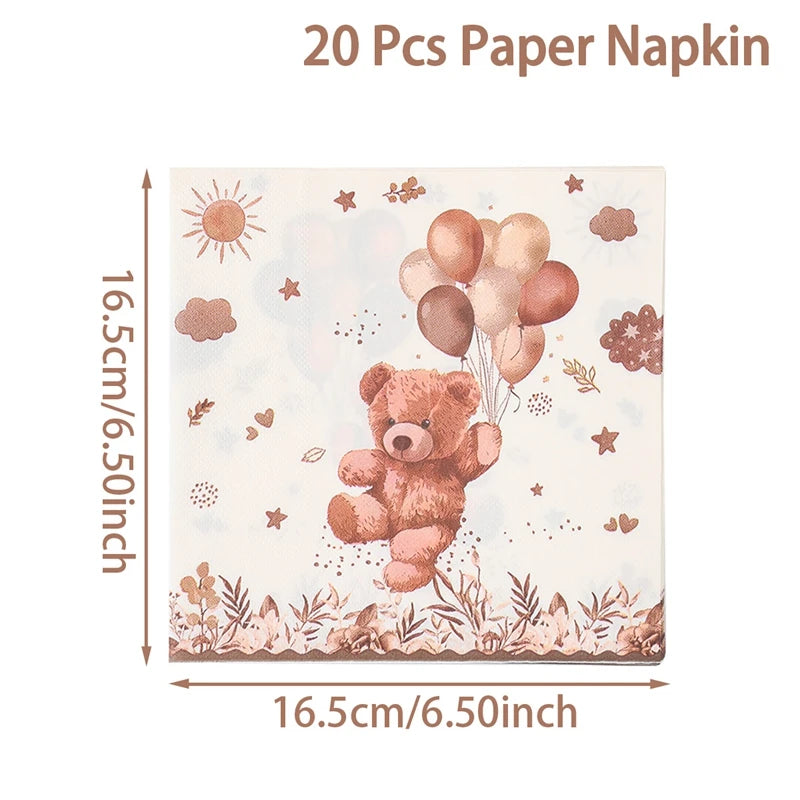 20/24pcs Disposable Tableware Brown Teddy Bear Balloon Paper Napkin Happy Birthday Party Decor Kid Boy Girl Baby Shower Supplies