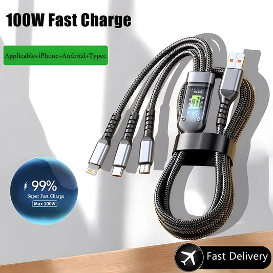 Transparent LED Light Fast Charge 100w 3 In 1 Data Cable Mobile Phone Charging 1.2M Cable For Type-c Android