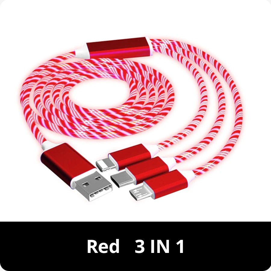 3IN1 Metal Streamer Cable Is Suitable for Apple Android Type C Mobile Phone One Split Three Fast Charging Luminous