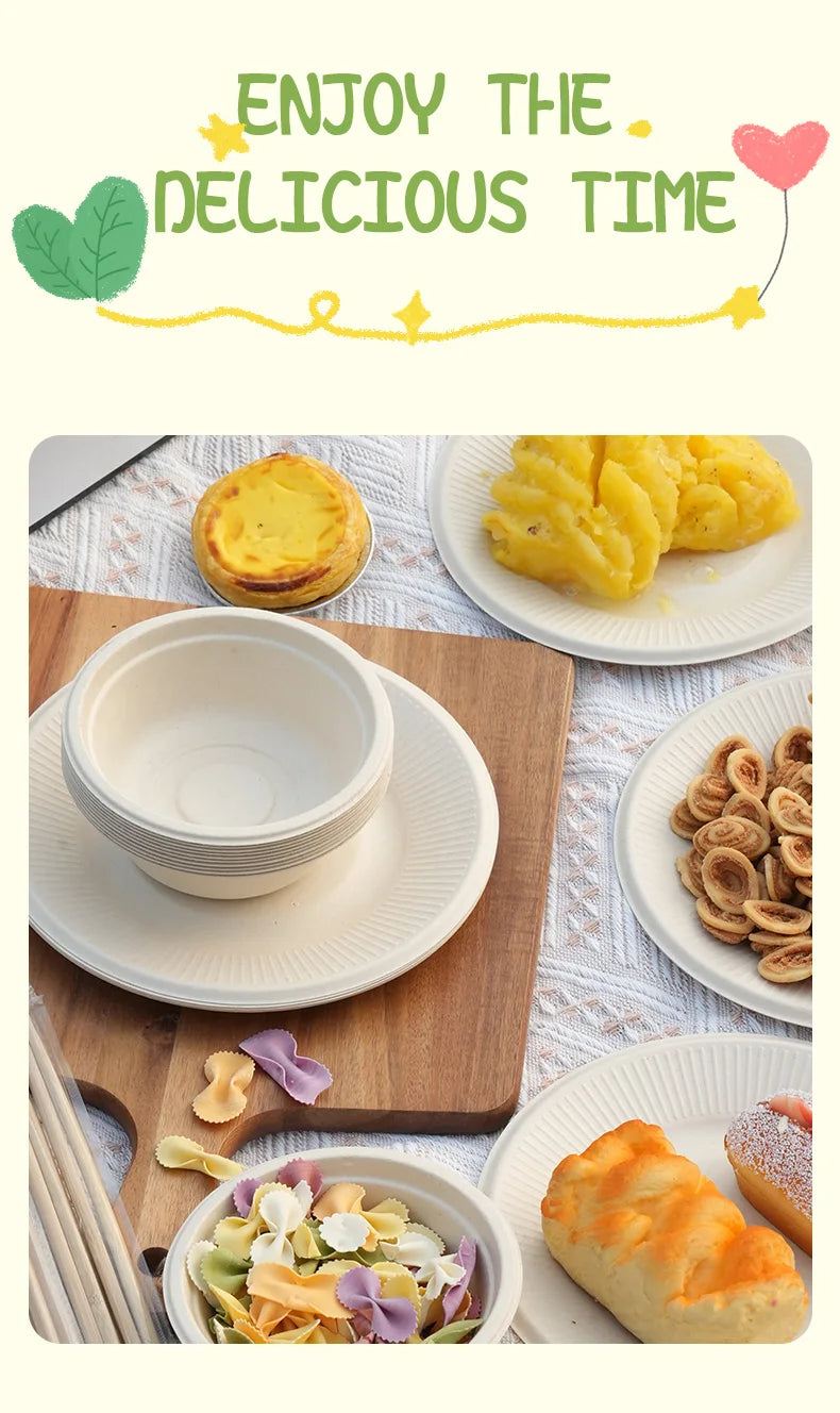 20/40pcs Disposable Paper Bowls Natural Sugarcane Paper Soup Bowls Desserts Fruit Salads Food Containers Party Dinner Plate Set