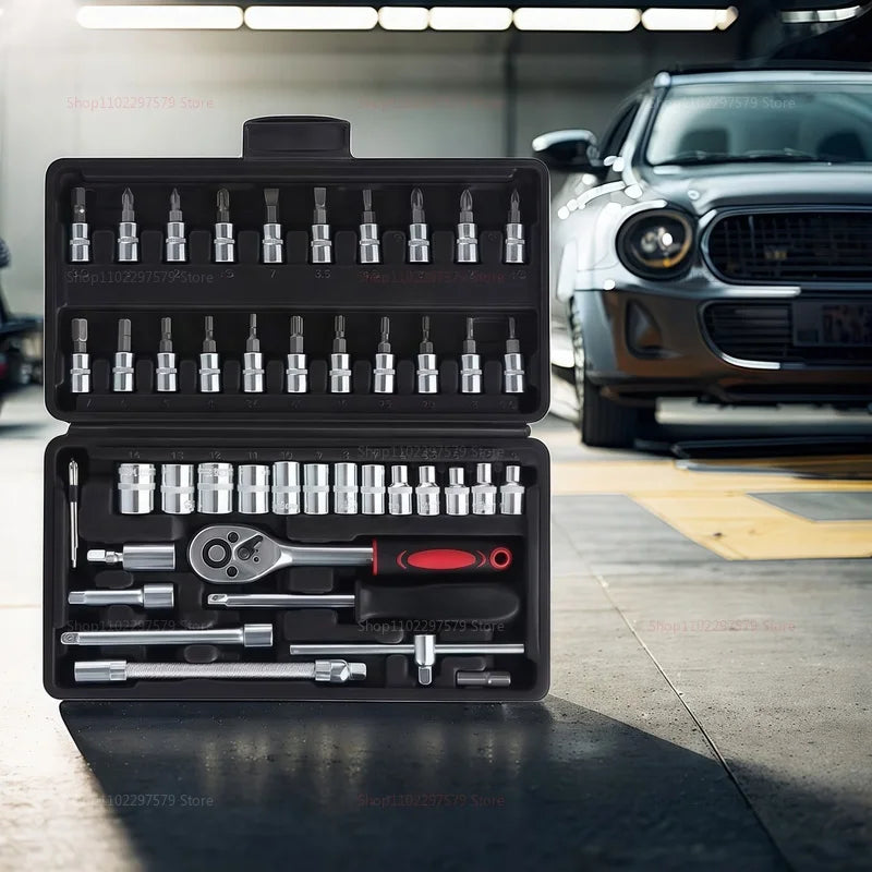 46pcs/Set Socket Wrench Diy Repair Tool Kit Ratchet Screwdriver for Car Repair Hardware Toolbox for Auto Repairing and Household
