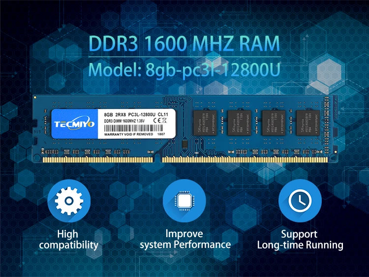 TECMIYO 4GB 8GB Desktop Memoria Ram DDR3 DDR3L 1600MHz 1333MHz PC3-12800U PC3-10600 DIMM 1.5V 1.35V 2RX8 Non-ECC Memory - Blue