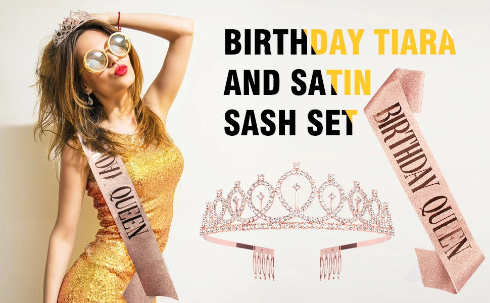 3 4 5 6 7 8 9 Rhinestone Crystal Crown Tiara Birthday Anniversary Decoration Happy Birthday Satin Sash Party Supplies