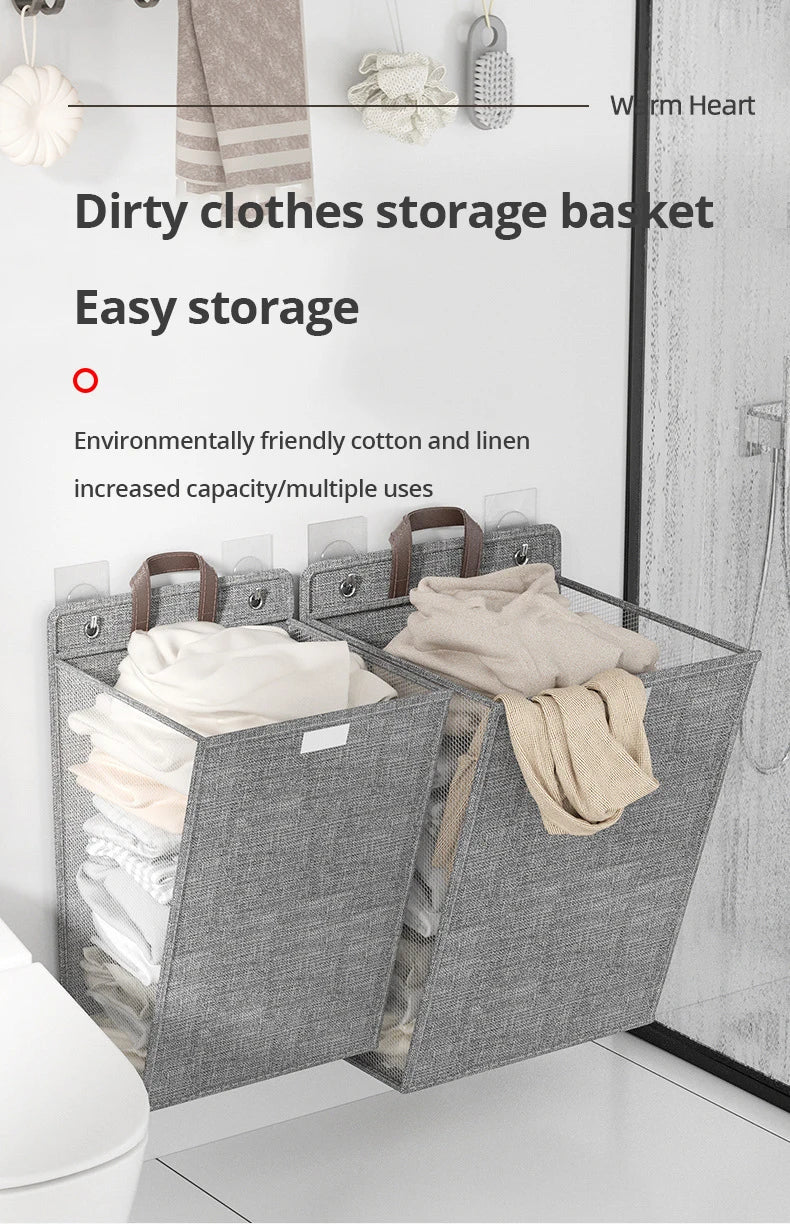 1pc Foldable Adhesive Laundry Basket Hamper, Multifunctional Punch Free Wall Hanging Washing Clothes Mesh Hook Organizer