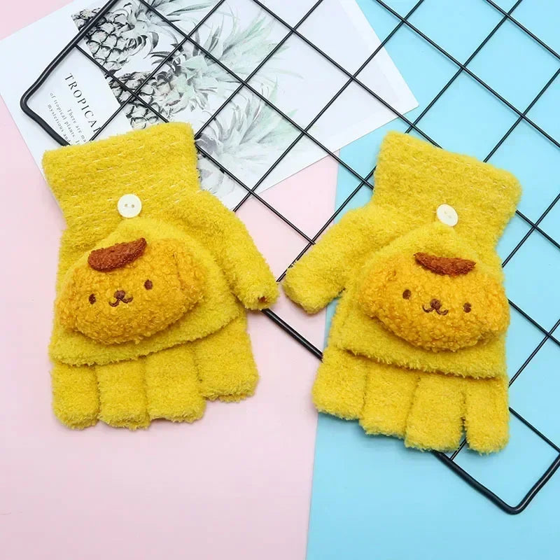 Sanrio Kuromi Childrens' Gloves Kawaii Hello Kitty Y2k Knitted Half-finger Flip Gloves Handwrite Melody Cartoon Cute Students'