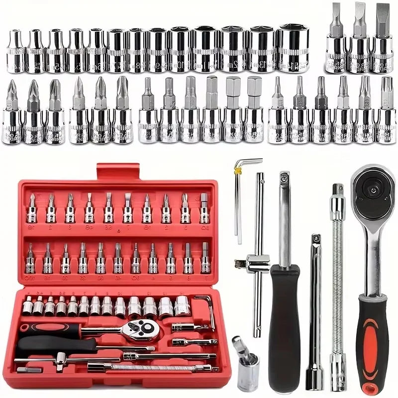 46pcs/Set Socket Wrench Diy Repair Tool Kit Ratchet Screwdriver for Car Repair Hardware Toolbox for Auto Repairing and Household