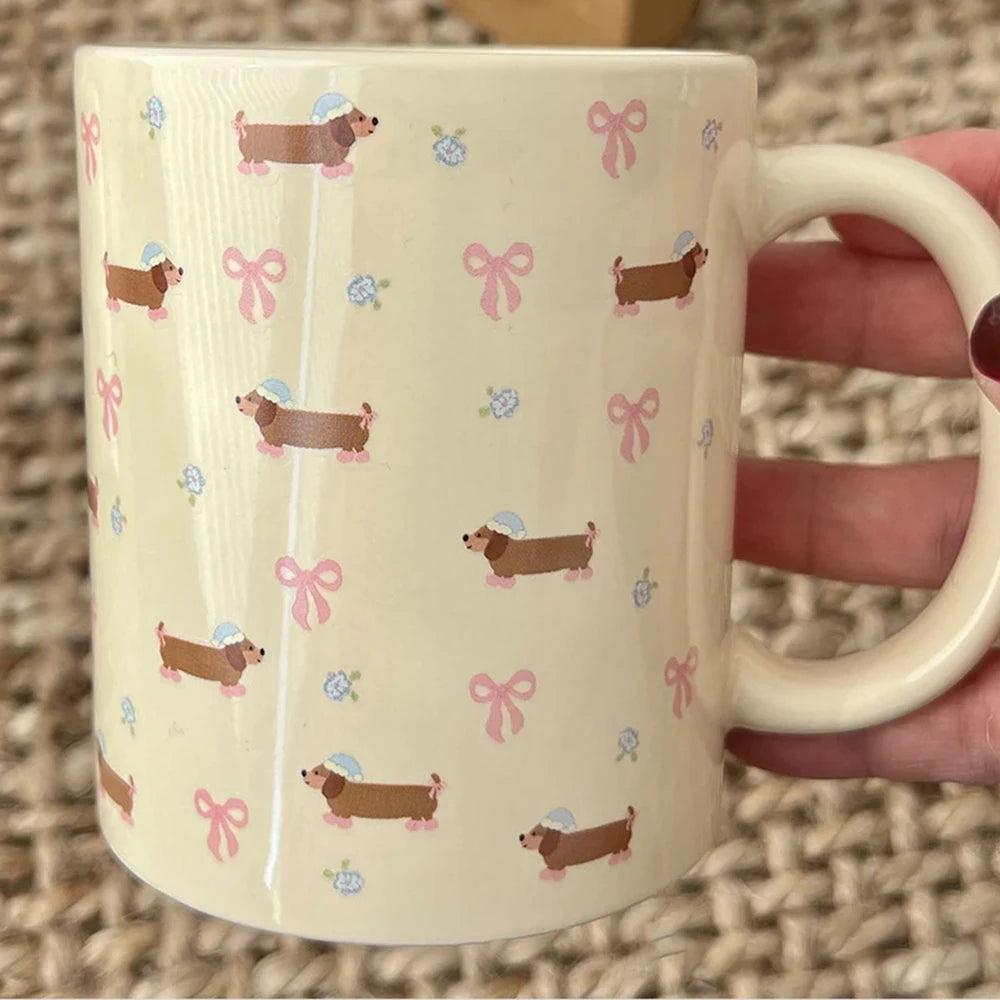340ml Korean Style Cute Dachshund Pattern Ceramic Mug With Handle Coffee Cup Oatmeal Breakfast Mug Kitchen Drinkware