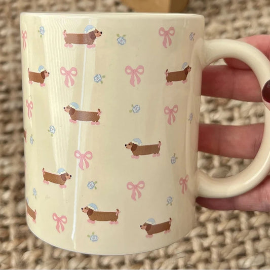 340ml Korean Style Cute Dachshund Pattern Ceramic Mug With Handle Coffee Cup Oatmeal Breakfast Mug Kitchen Drinkware