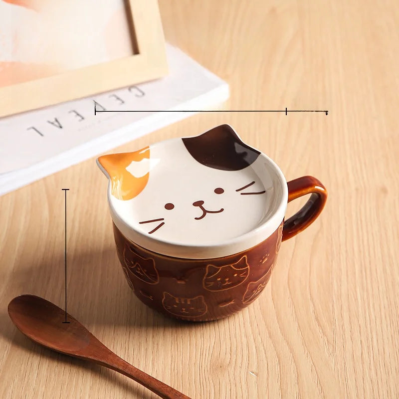 Japanese Sle Cerc Couple Mugs with Lid Dog And  Design Breakfast Cups Hand-Painted Animal Patterns 350ml Capaci