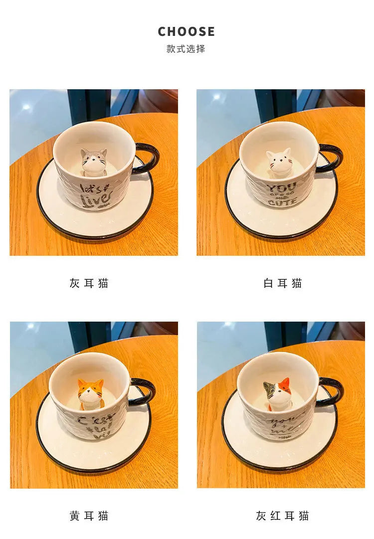 Creative Cartoon Relief Ceramic Cup Animal Inside Mug Kitty Cat Coffee Cup Milk Coffee Mug with Tray
