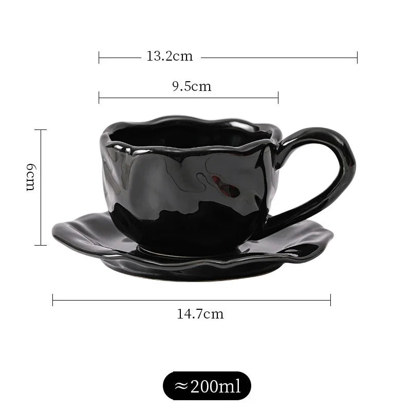 200ml Black Red Macaroon Creative Hand Squeezed Pinched Ceramic Coffee Mug Cup With Saucer For Cafe Restaurant Table Decor 1 PC