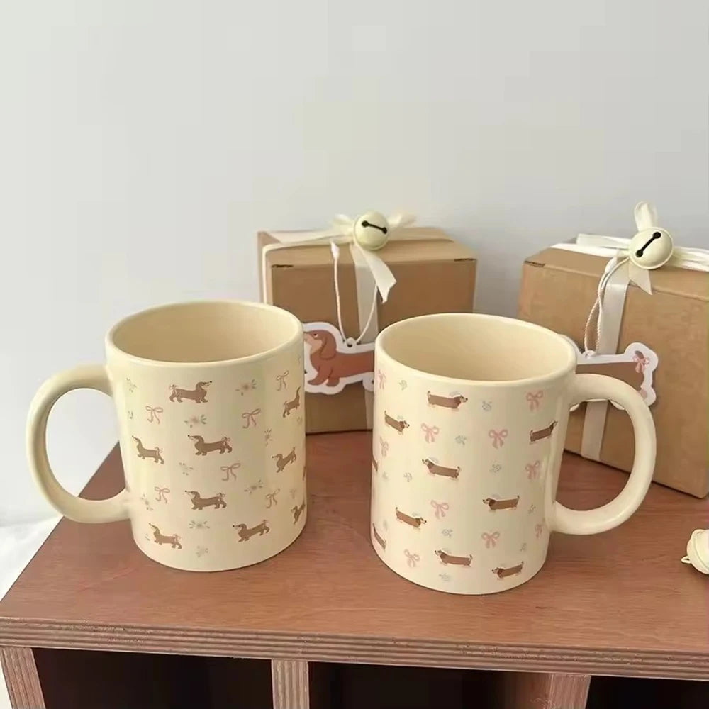 340ml Korean Style Cute Dachshund Pattern Ceramic Mug With Handle Coffee Cup Oatmeal Breakfast Mug Kitchen Drinkware