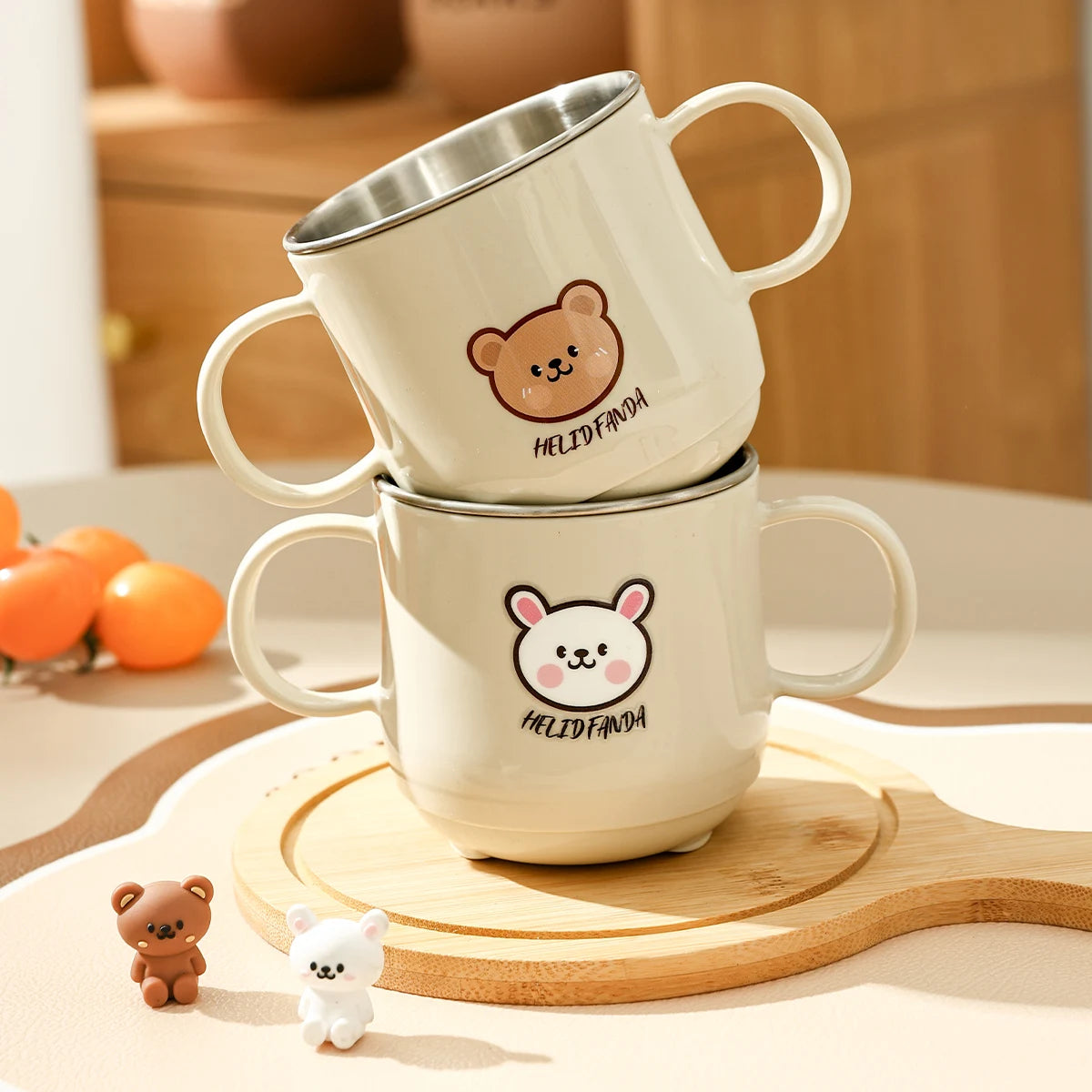 WORTHBUY New 304 Stainless Steel Water Cup Mug With Handle Cute Double Wall Milk Coffee Cup Anti Scalding Drinking Cup For Kids