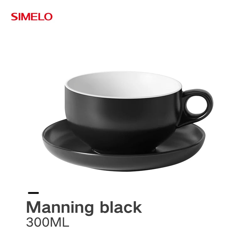 SIMELO 300ml Ceramic Coffee Cup with Saucer Set Professional Barista Latte Mug Featuring Handle for Enhanced Grip