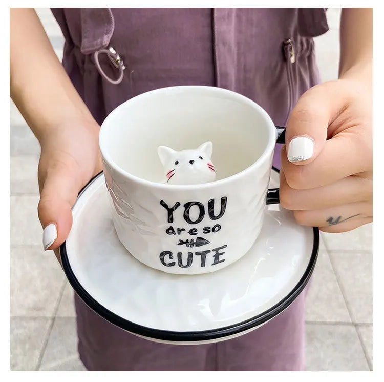 Creative Cartoon Relief Ceramic Cup Animal Inside Mug Kitty Cat Coffee Cup Milk Coffee Mug with Tray