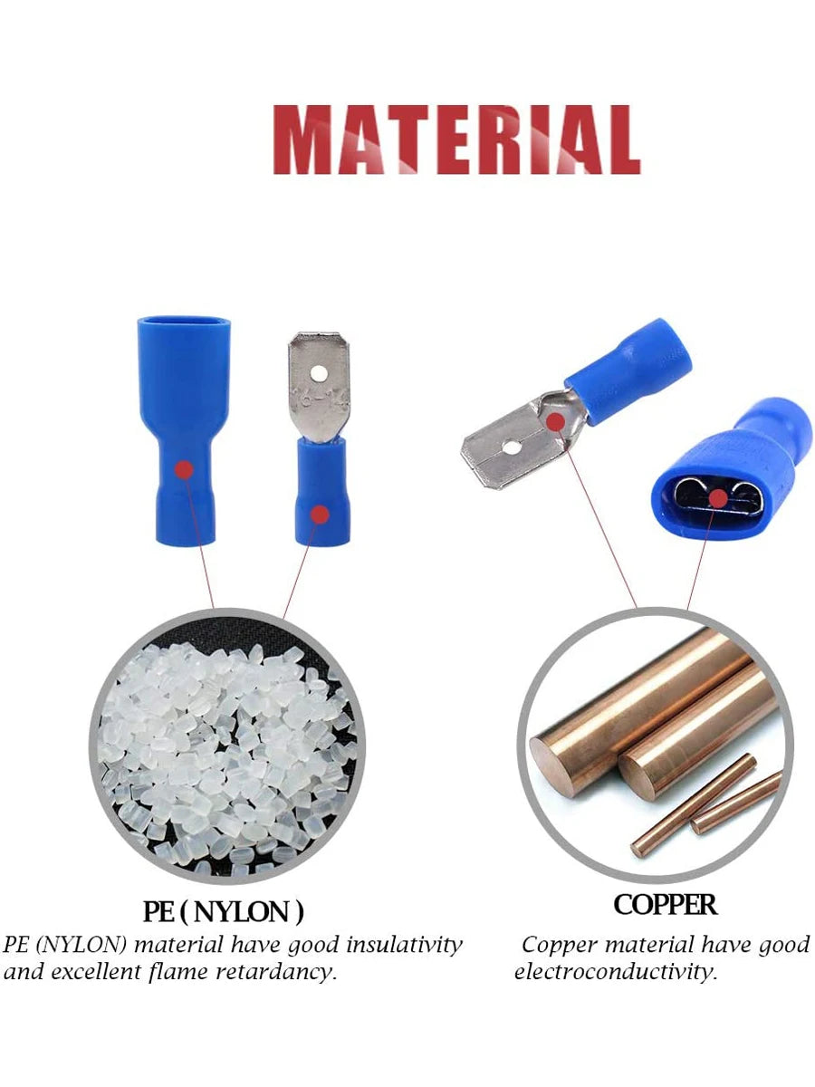 100pcs 50pairs 6.3mm 16 14AWG Female Male Electrical Wiring Connector Insulated Crimp Terminal Spade Blue