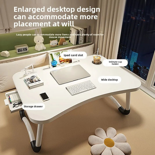 Foldable Laptop Table for Bed & Office Study Portable Black Brushed Modern Simple Design with Drawers Lazy Folding Desk
