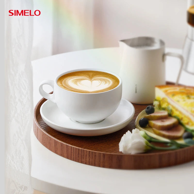 SIMELO 300ml Ceramic Coffee Cup with Saucer Set Professional Barista Latte Mug Featuring Handle for Enhanced Grip
