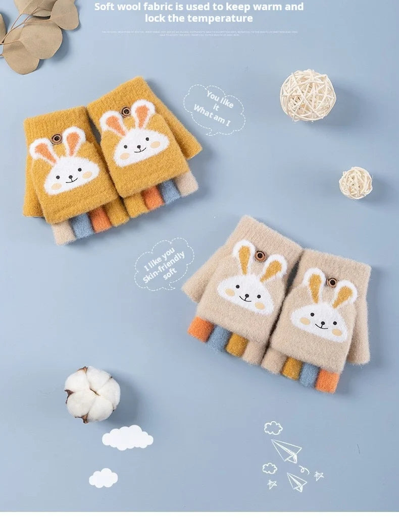4-11 year old cartoon bunny five finger children's gloves winter thick half finger flip knitted gloves winter new warm gloves