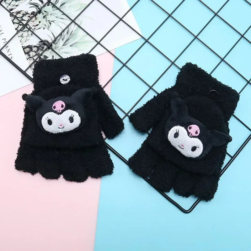 Sanrio Kuromi Childrens' Gloves Kawaii Hello Kitty Y2k Knitted Half-finger Flip Gloves Handwrite Melody Cartoon Cute Students'