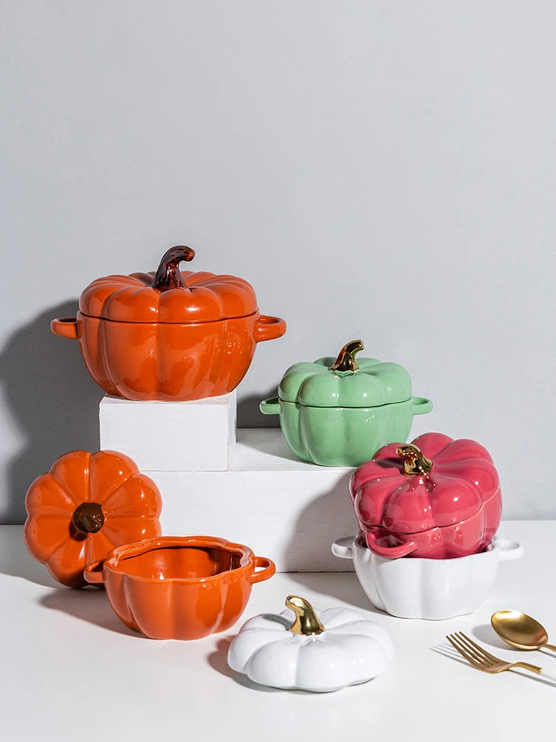 Pumpkin Shape Bowl With Lid Ceramic Soup Salad Cereal Bowl Bakeware Oven Baking Pan Kitchen Halloween Party Festival Decoration
