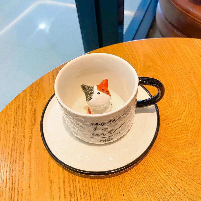 Creative Cartoon Relief Ceramic Cup Animal Inside Mug Kitty Cat Coffee Cup Milk Coffee Mug with Tray