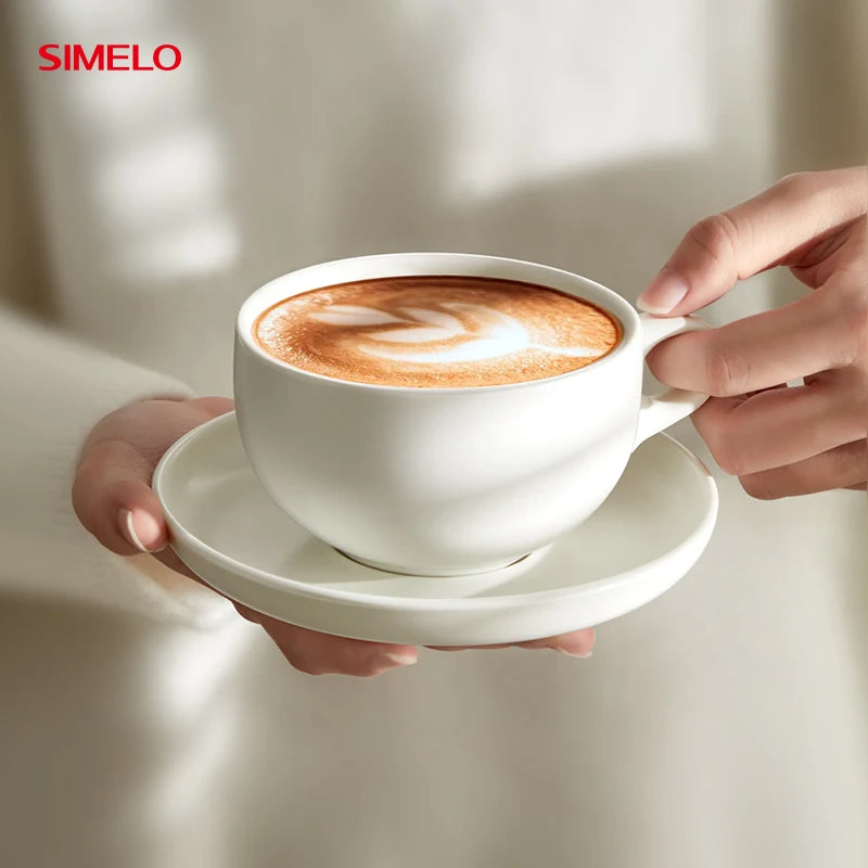 SIMELO 300ml Ceramic Coffee Cup with Saucer Set Professional Barista Latte Mug Featuring Handle for Enhanced Grip
