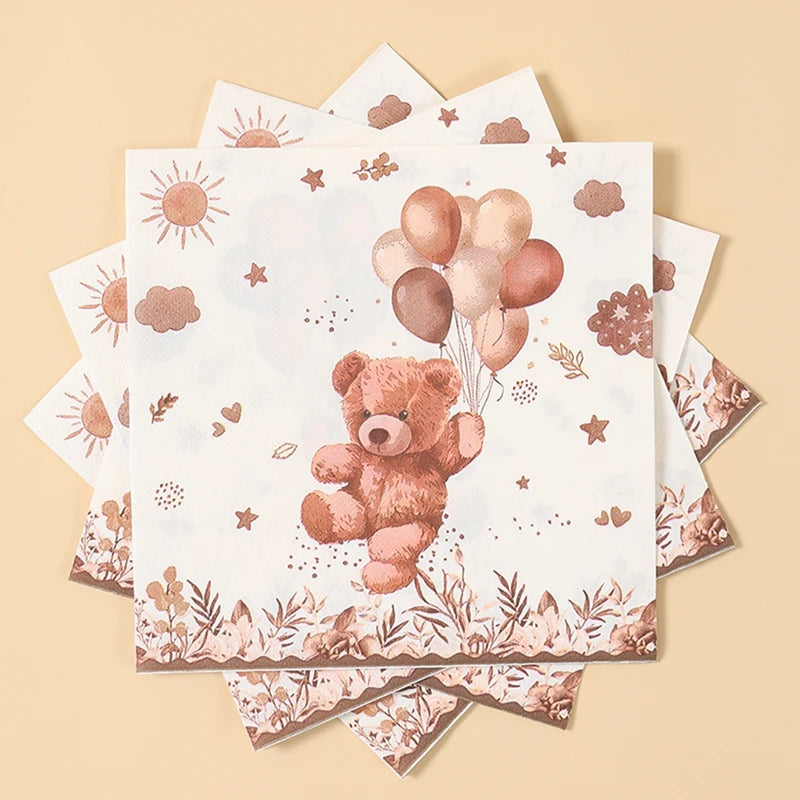 20/24pcs Disposable Tableware Brown Teddy Bear Balloon Paper Napkin Happy Birthday Party Decor Kid Boy Girl Baby Shower Supplies