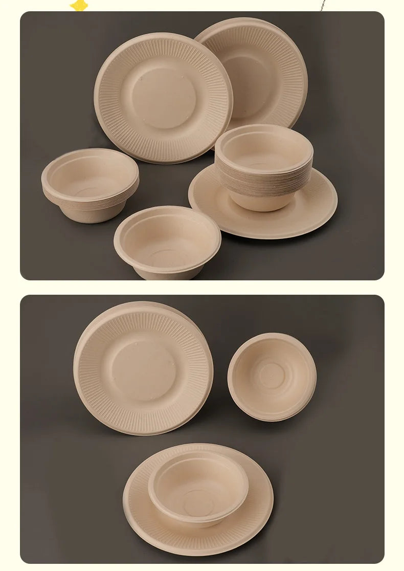 20/40pcs Disposable Paper Bowls Natural Sugarcane Paper Soup Bowls Desserts Fruit Salads Food Containers Party Dinner Plate Set