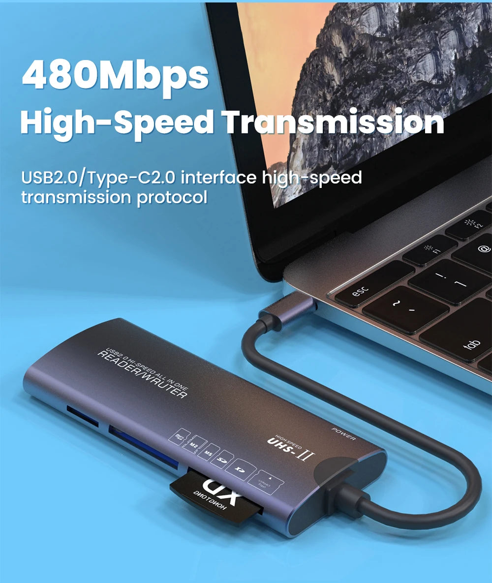 6 in 1 USB2.0 Multifunctional Reader SD/TF/XD/CF/M2 Memory Card Adapter Suitable For Cameras Computers High-speed Data Transfer