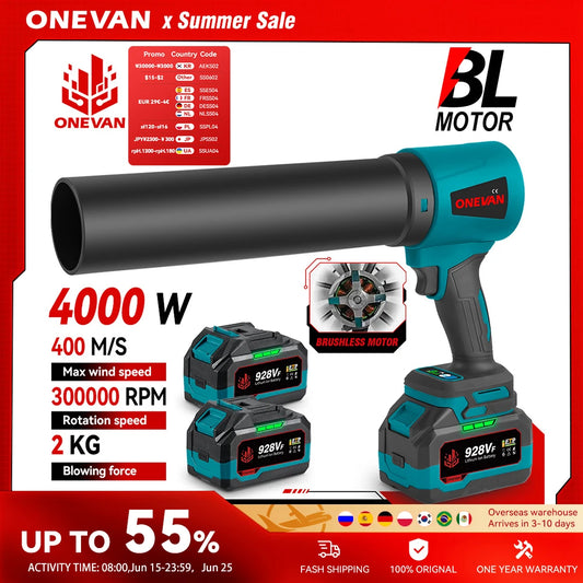 ONEVAN 4000W Brushless Electric Turbo Blower Jet Fan 400M/S 300000RPM Handheld Leaf Blower Dust Blowing Tool for 21V 18V Battery