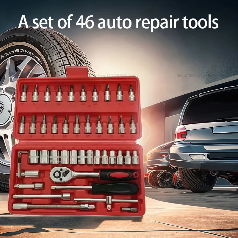 46pcs/Set Socket Wrench Diy Repair Tool Kit Ratchet Screwdriver for Car Repair Hardware Toolbox for Auto Repairing and Household