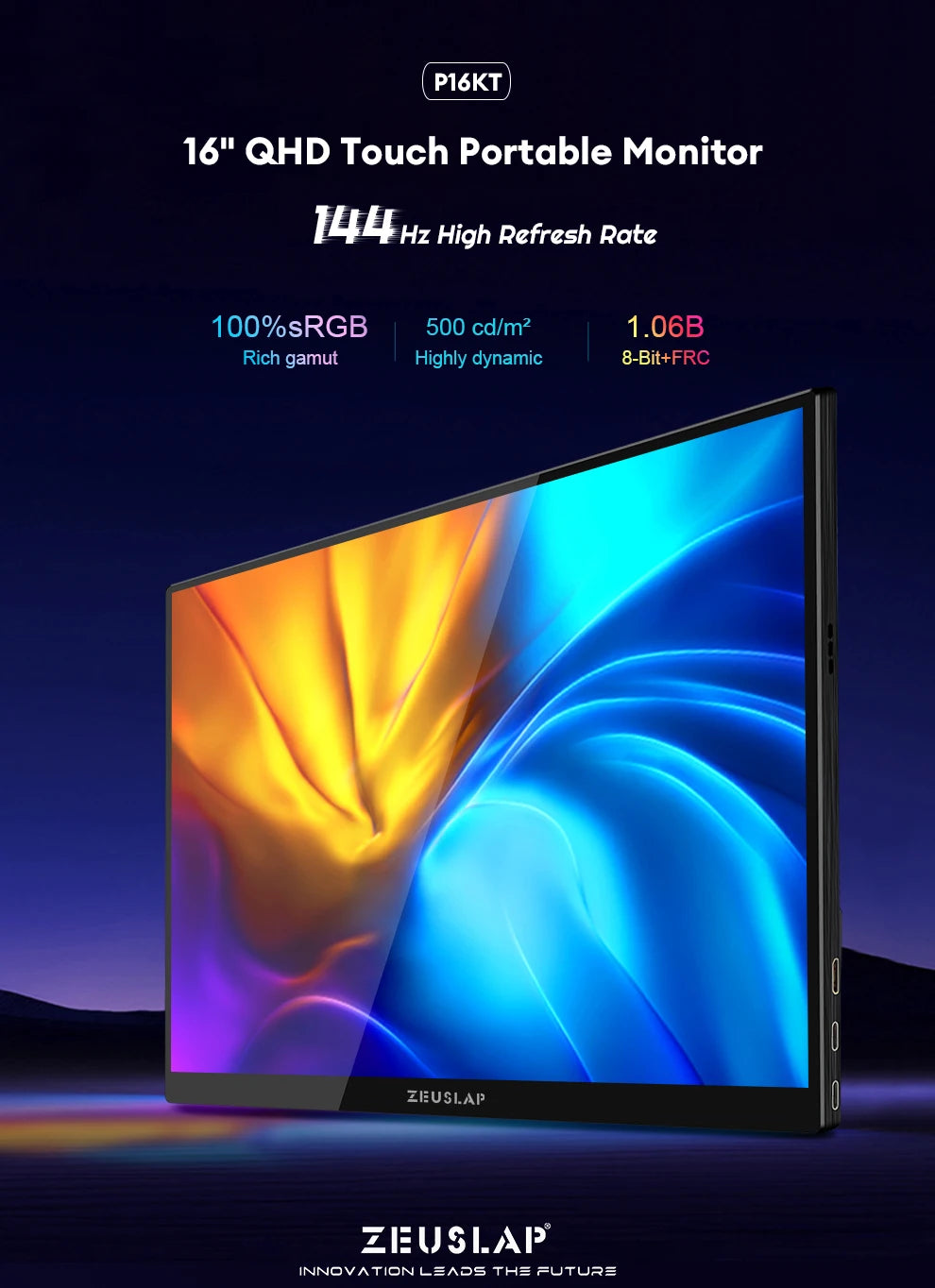 ZEUSLAP 16" 2.5K 144hz Touch Screen Portable Monitor 2560*1600 100%sRGB 500Cd/m² Travel Display for Laptop Computer