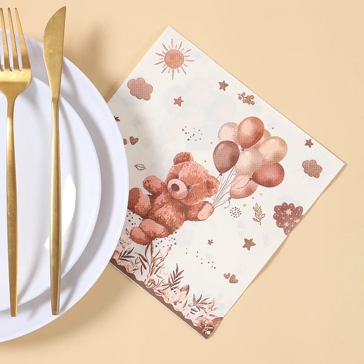 20/24pcs Disposable Tableware Brown Teddy Bear Balloon Paper Napkin Happy Birthday Party Decor Kid Boy Girl Baby Shower Supplies